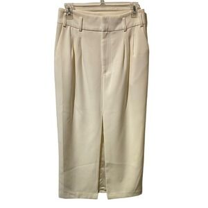 Ronny Kobo Cream Tailored Pleated Midi Skirt Front Slit Off-White High‎ Waist